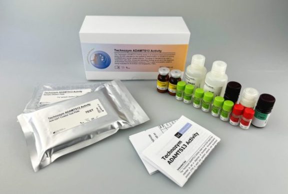 DiaPharma Technofluor ADAMTS13 Activityl Kit spread out on a gray surface