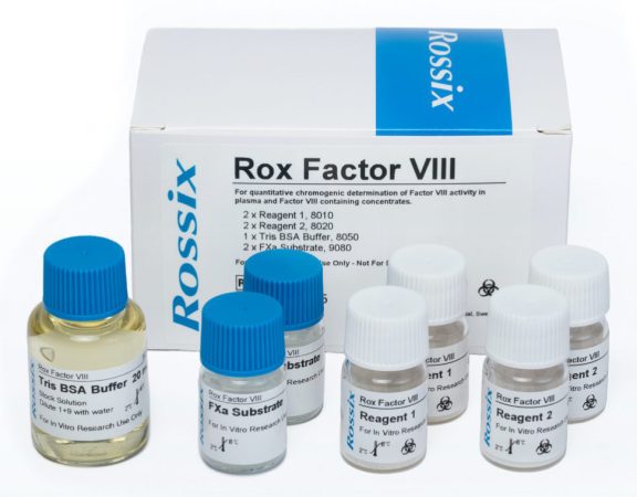 Rossix Rox Factor VIII Kit and bottles spread out on a white surface