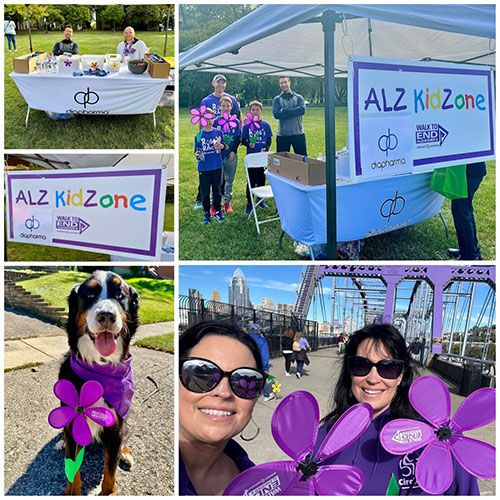 Walk To End Alzheimers event collage showing the booth, a dog, poster, and purple bridge