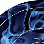 Swirling blue smoke-like pattern in a circle with text always your partner at the bottom right corner