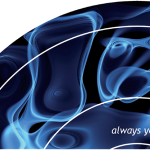 Swirling blue smoke-like pattern in a circle with text always your partner at the bottom right corner